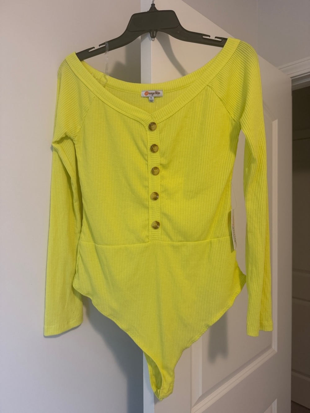 Neon Yellow Ribbed Button-Front Bodysuit